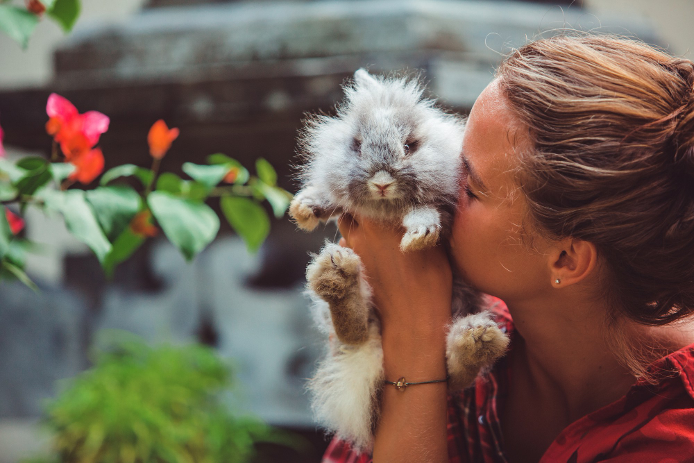 femme portant un lapin dans les mains